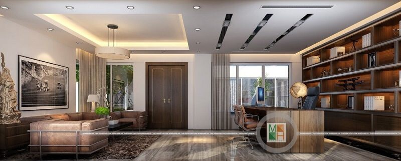 cao Mẫu thiết kế nội thất cho phòng giám đốc được thiết kế theo phong cách sang trọng với kệ sách lớn và ốp tường gỗ công nghiệp chất lượng cao.